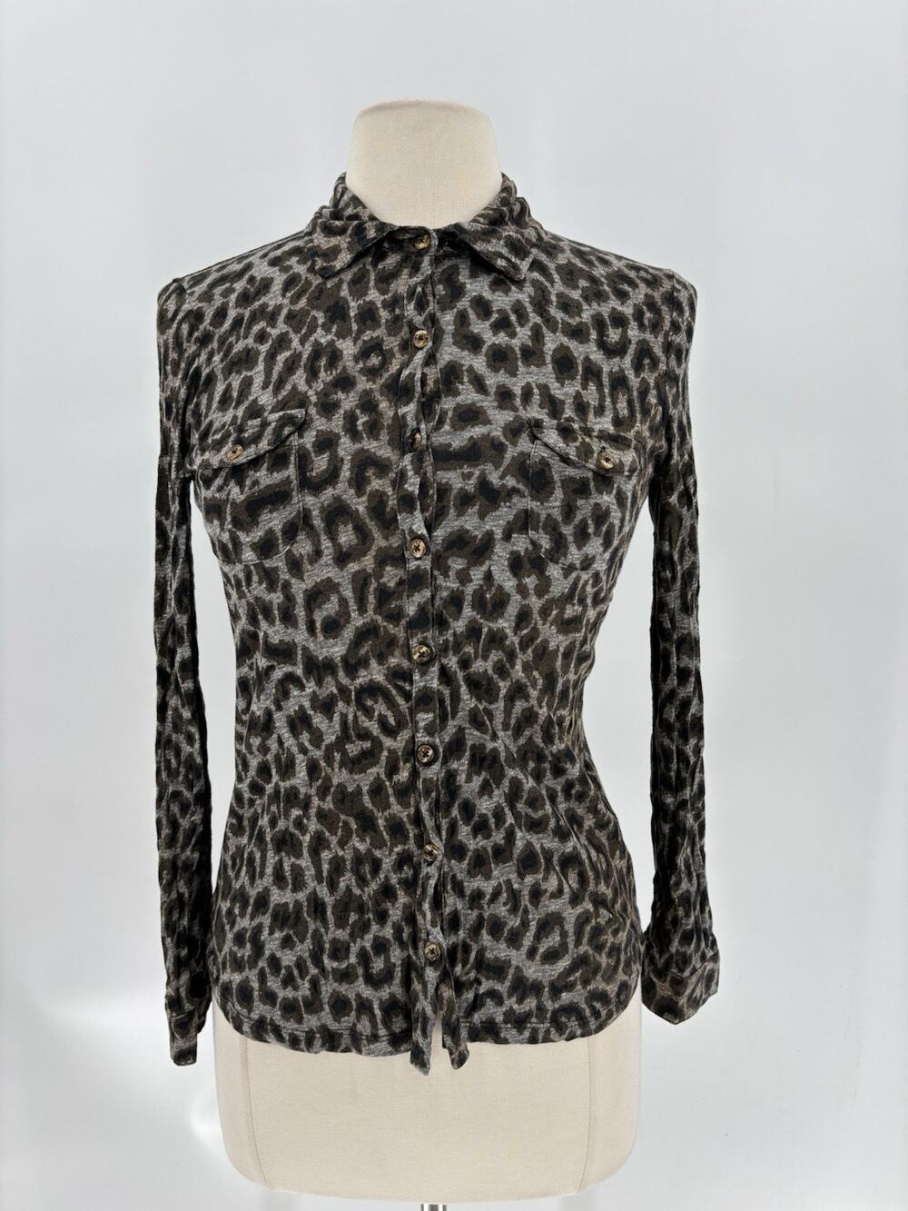 Gerard Darel Paris Leopard Print Button Down Shirt S Animal Print Gray Brown